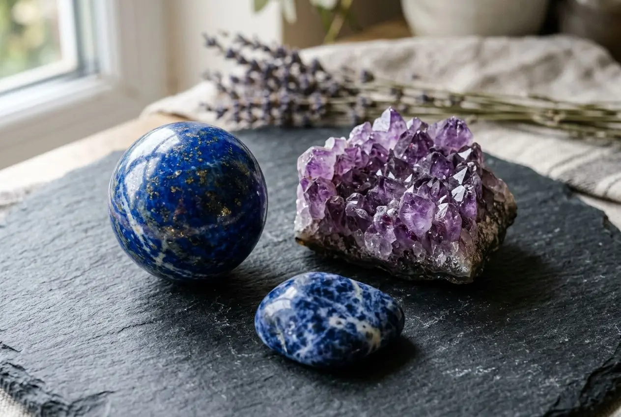 Sphère bleue et pierre bleue marbrée sur une plaque noire, accompagnées d’un améthyste en cristal violet au centre. Ciel lumineux en arrière-plan. Improve: mention "comment equilibrer son chakras du 3eme oeil" within description? Must integrate keyword naturally. Provide alt text: "Pierres bleues et améthyste sur une plaque,アイ"? In French: "Sphère bleue et pierre bleue marbrée avec améthyste violette, sur une dalle sombre près d'une fenêtre." Incorporate keyword: "comment equilibrer son chakras du 3eme oeil" should be included if natural. Could be: "Illustration pour comment equilibrer son chakras du 3eme oeil avec des cristaux." But it's alt text for image; include keyword as part of sentence. Let's craft: "Cristaux et pierres sur une dalle sombre illustrant comment equilibrer son chakras du 3eme oeil: améthyste violette et pierres bleues près d'une fenêtre." Keep under 125 chars. Let's count: "Cristaux et pierres sur une dalle sombre illustrant comment equilibrer son chakras du 3eme oeil: améthyste violette et pierres bleues près d'une fenêtre." That's long. Let's shorten: "Pierres bleues et améthyste sur une dalle sombre près d’une fenêtre, illustration de comment equilibrer son chakras du 3eme oeil." Count roughly. Okay finalize. Ensure no heavy formatting. French accents. Use no quotes. Provide. Let's finalize: Pierres bleues et améthyste sur une dalle sombre près d’une fenêtre, illustration de comment equilibrer son chakras du 3eme oeil.