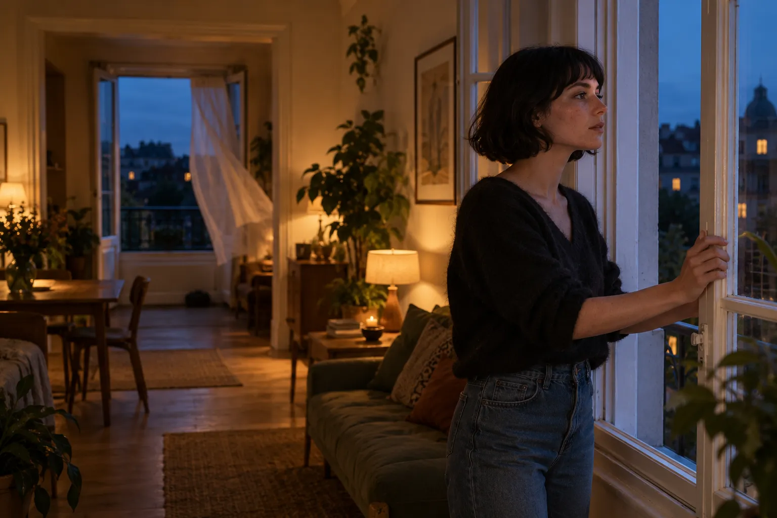 Une femme regarde par la fenêtre ouverte dans un salon éclairé au soir.