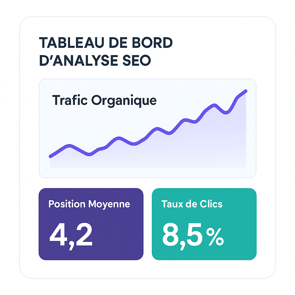 Exemple de tableau de bord de suivi SEO, type Google Search Console, montrant la croissance du trafic organique, la position moyenne et le taux de clics.