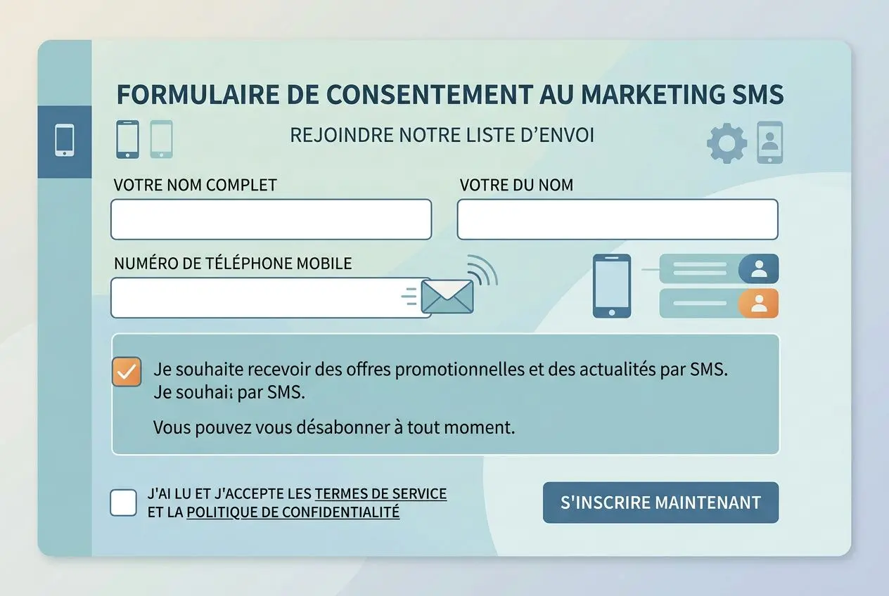 Formulaire de consentement au marketing SMS avec champs nom, prénom et numéro de mobile, case d’opt-in et bouton « S’inscrire maintenant ». Integrate keyword: "comment faire du marketing sms" woven as description? We must describe image and include keyword naturally. Create ALT: "Illustration d’un formulaire de consentement au marketing SMS expliquant comment faire du marketing sms lors de l’inscription." But must include keyword naturally. So: "Illustration d’un formulaire de consentement au marketing SMS montrant comment faire du marketing sms lors de l’inscription." Ensure length 125 chars. Let's craft: "Formulaire de consentement au marketing SMS expliquant comment faire du marketing sms pour joindre des offres via opt-in." That's a bit long. Count ~125? We'll output concise. Final: "Formulaire de consentement au marketing SMS montrant comment faire du marketing sms, avec champs nom, prénom et numéro et bouton d’inscription." Shapes. Include keyword. Let's deliver.
