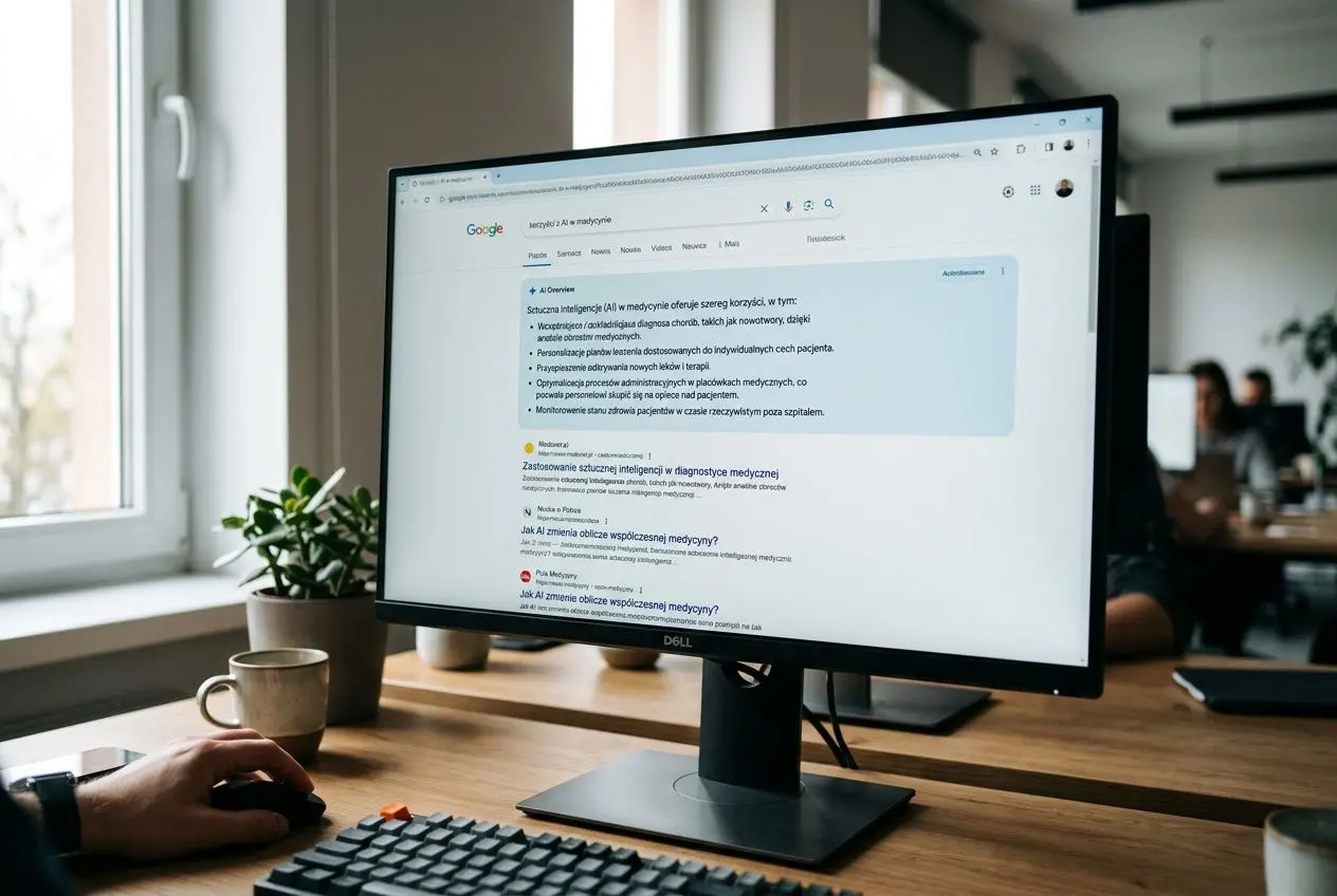 Monitor w biurze z wynikami wyszukiwania Google, osoba bada wpływ ai overviews na ruch.
