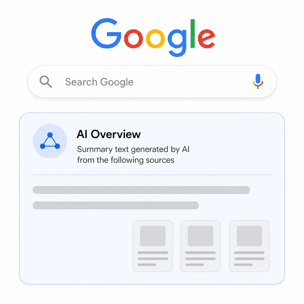Google logo with a "Search Google" bar and an AI Overview card showing an AI-generated summary with a network icon.