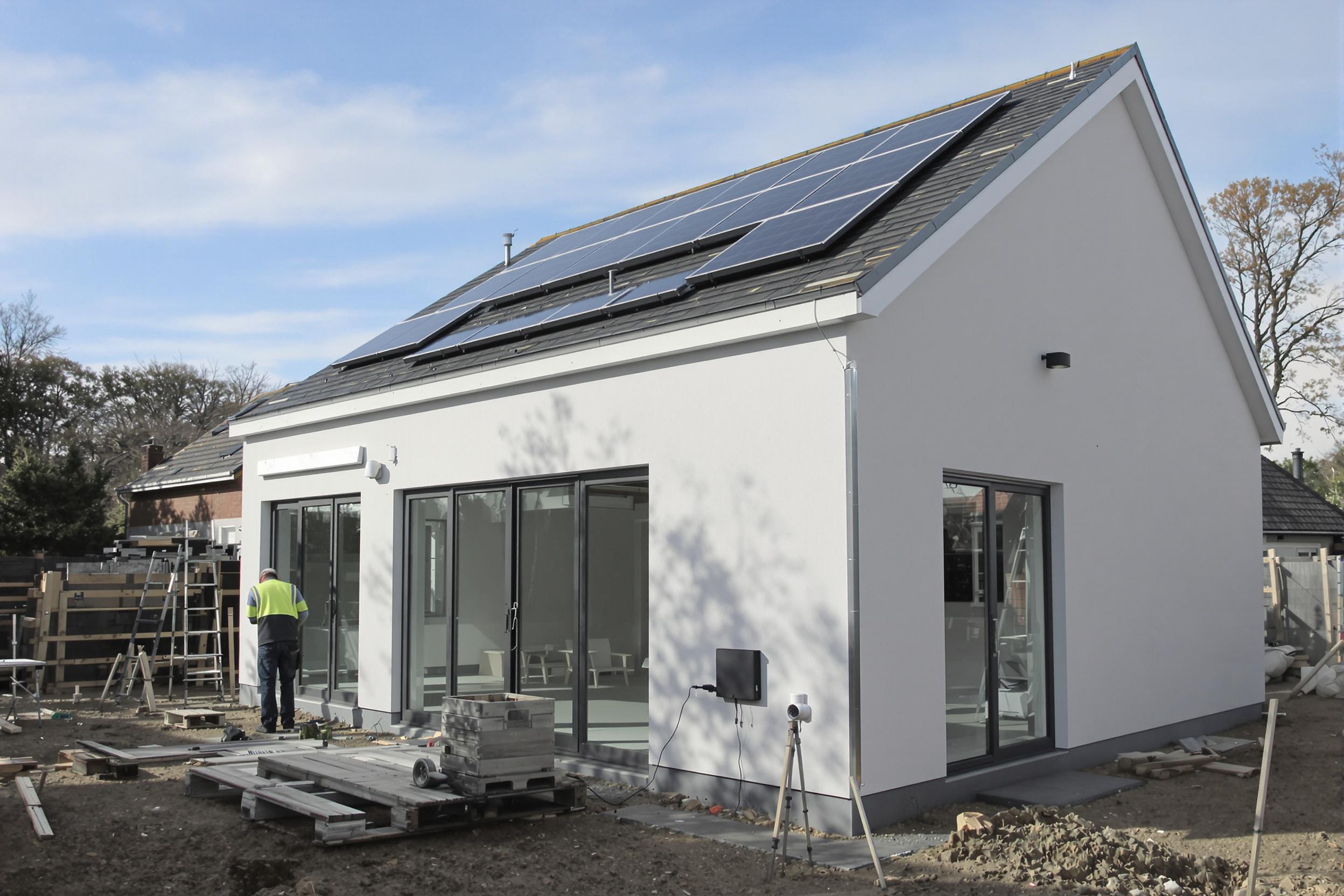 Chantier d'un bâtiment neuf avec test d'étanchéité à l'air et pose de panneaux solaires.