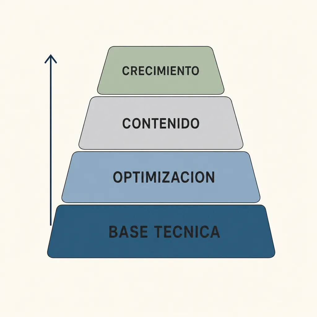 Pirámide de los cuatro niveles del SEO en PrestaShop: base técnica, optimización, contenido y crecimiento.