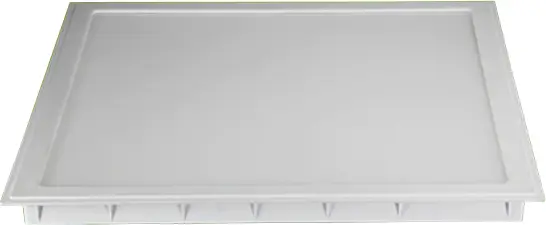 Panneau LED plat blanc encastrable, cadre rectangulaire avec rebord, destiné à l’éclairage d’affichage professionnel.