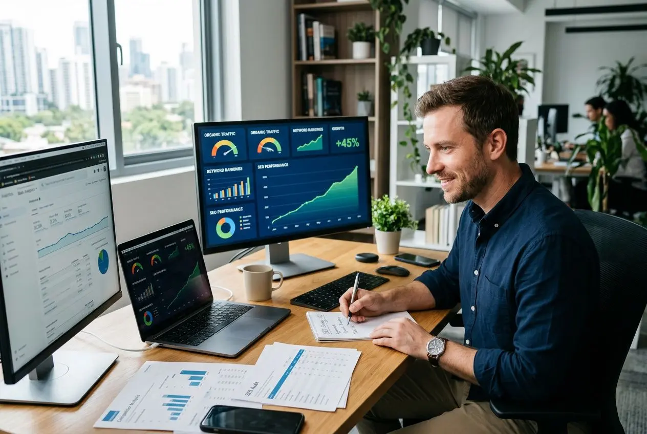 Professionista al lavoro su monitor con grafici di analisi SEO, laptop e appunti: come scegliere strumento monitoraggio seo.