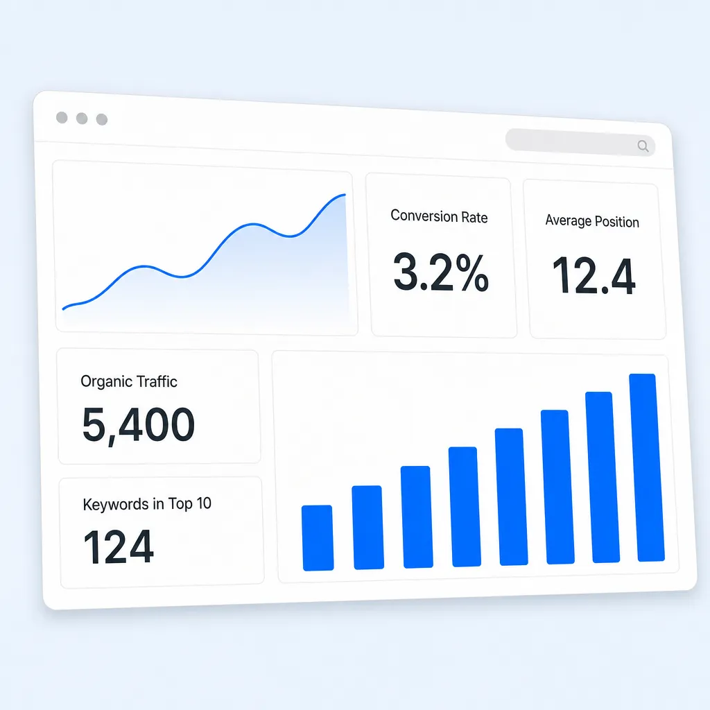 Example dashboard for tracking results and reporting on an SEO campaign.