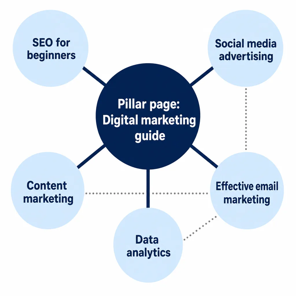 Diagram of a topic cluster structure with a central pillar page and cluster articles connected by internal links.