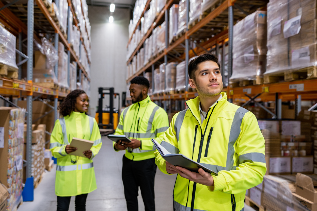 Techniciens en gilet haute visibilité dans un entrepôt