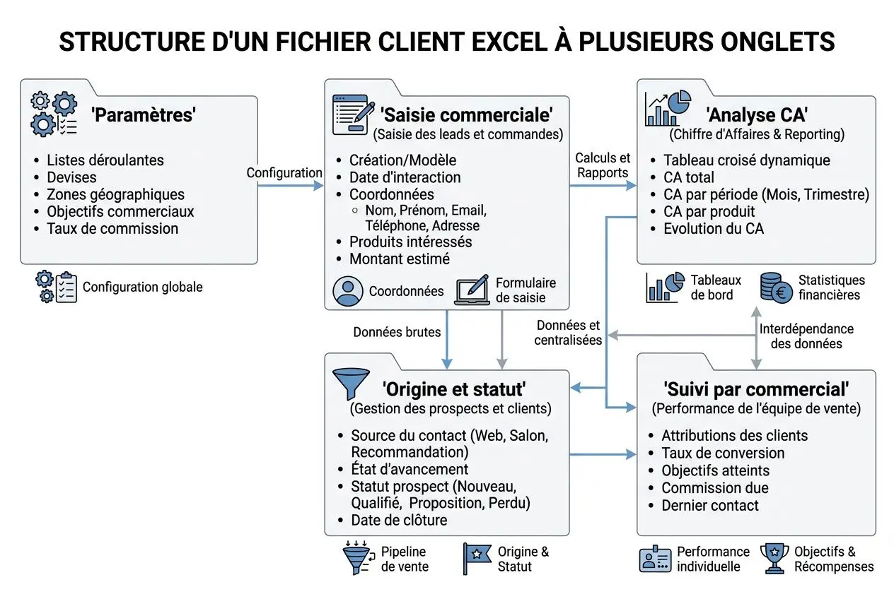 Structure d’un fichier client Excel à plusieurs onglets, montrant les flux entre paramètres, saisie commerciale, analyse CA, origine et statut, et suivi par commercial.