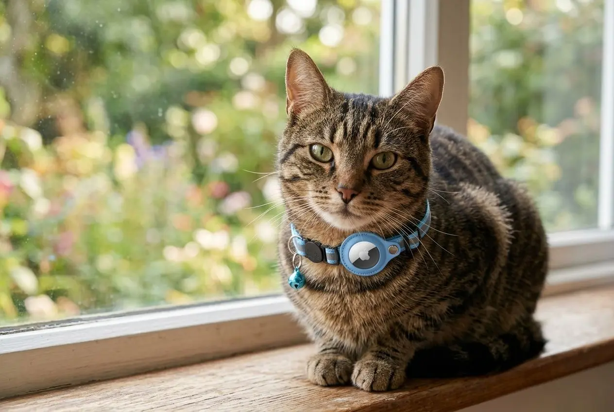 Chat en collier gps bleu près d'une fenêtre, prêt à explorer l'extérieur, meilleur collier gps pour chat et guide 2026.