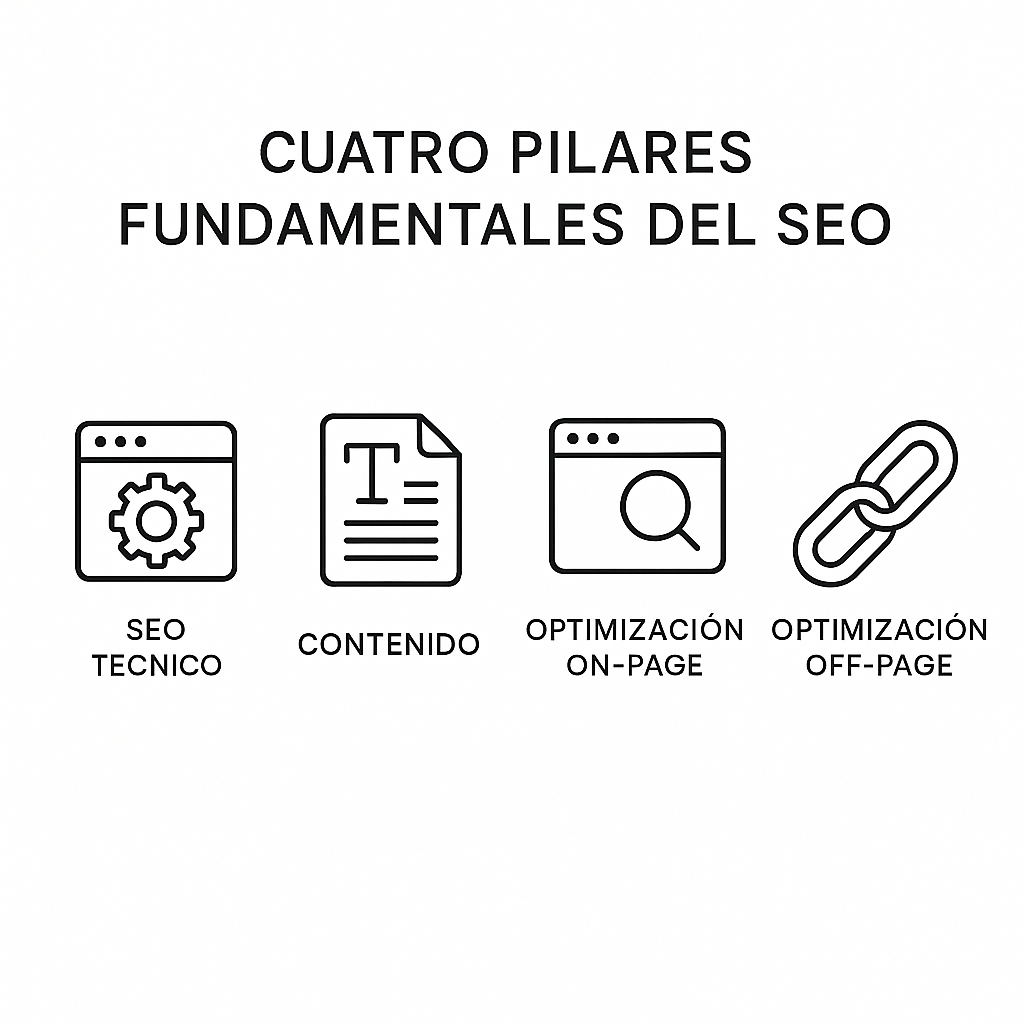 Diagrama de los cuatro pilares del SEO: técnico, contenido, on-page y off-page.