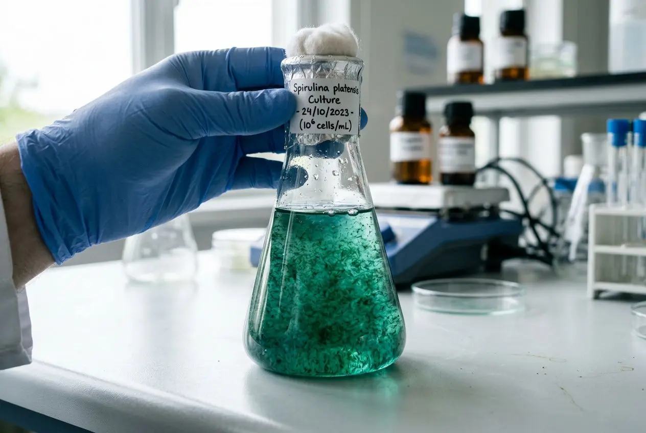 Flacon conique contenant une suspension verte de microalgues, manipulé par une main gantée dans un labo, près d’instruments de recherche. microalgues bienfaits santé.
