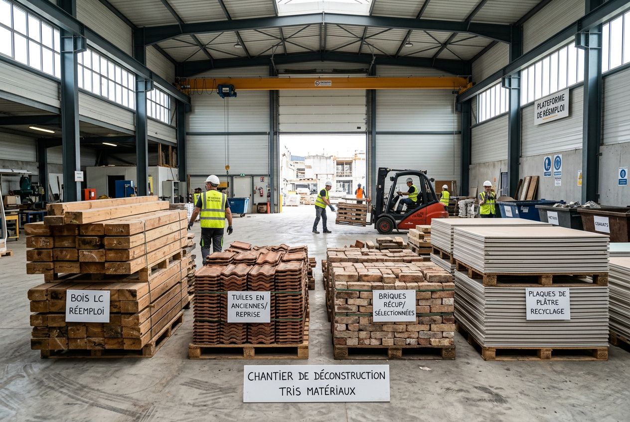 Chantier de déconstruction avec piles de matériaux triés et recyclés, bois réemployé, briques récupérées, plaques de plâtre recyclées et opérateurs en sécurité. Matériaux de construction recyclés.