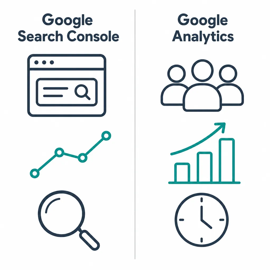 Diagram comparing Google Search Console (pre-click analysis on Google) with Google Analytics (post-click analysis on your site).