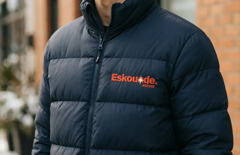 Veste puffer marine avec logo orange “Eskouade” brodé sur la poitrine, fermeture zippée et col montant.