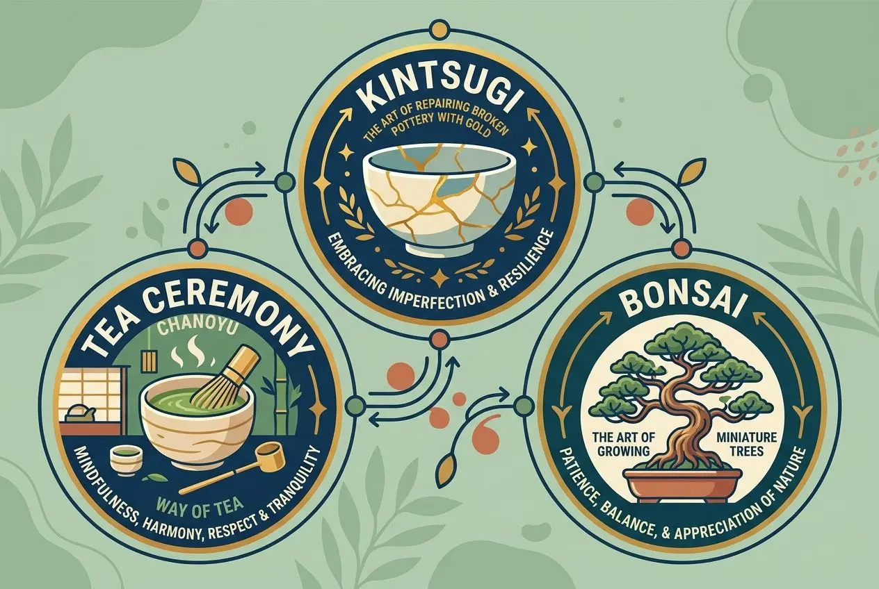 Example of wabi sabi: circular infographic icons for Kintsugi, Tea Ceremony, and Bonsai against a soft green background.