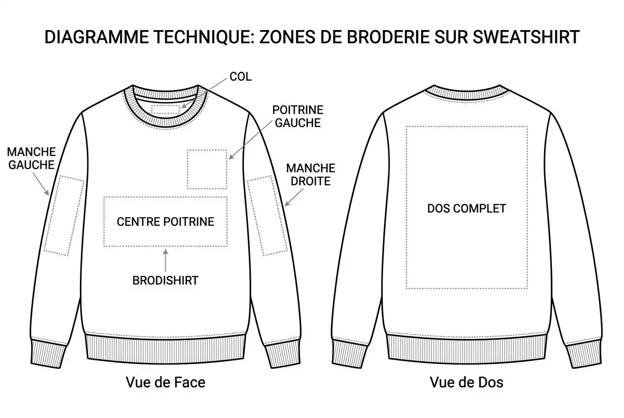 Schéma technique illustrant les zones de broderie sur un sweat-shirt, avec emplacements pour brodshirt et zones dos et poitrine.