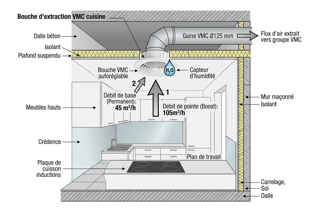 Schéma d’extraction VMC cuisine montrant le débit d’air d’extraction et les composants: bouche VMC autotransformée, gaine Ø125 mm, flux d’air extrait vers le groupe VMC, capteur d’humidité, plafond suspendu et murs isolés, plan de travail et plaque de cuisson. Débit de base 45 m³/h et débit de pointe 105 m³/h. débit vmc cuisine et EM驾.