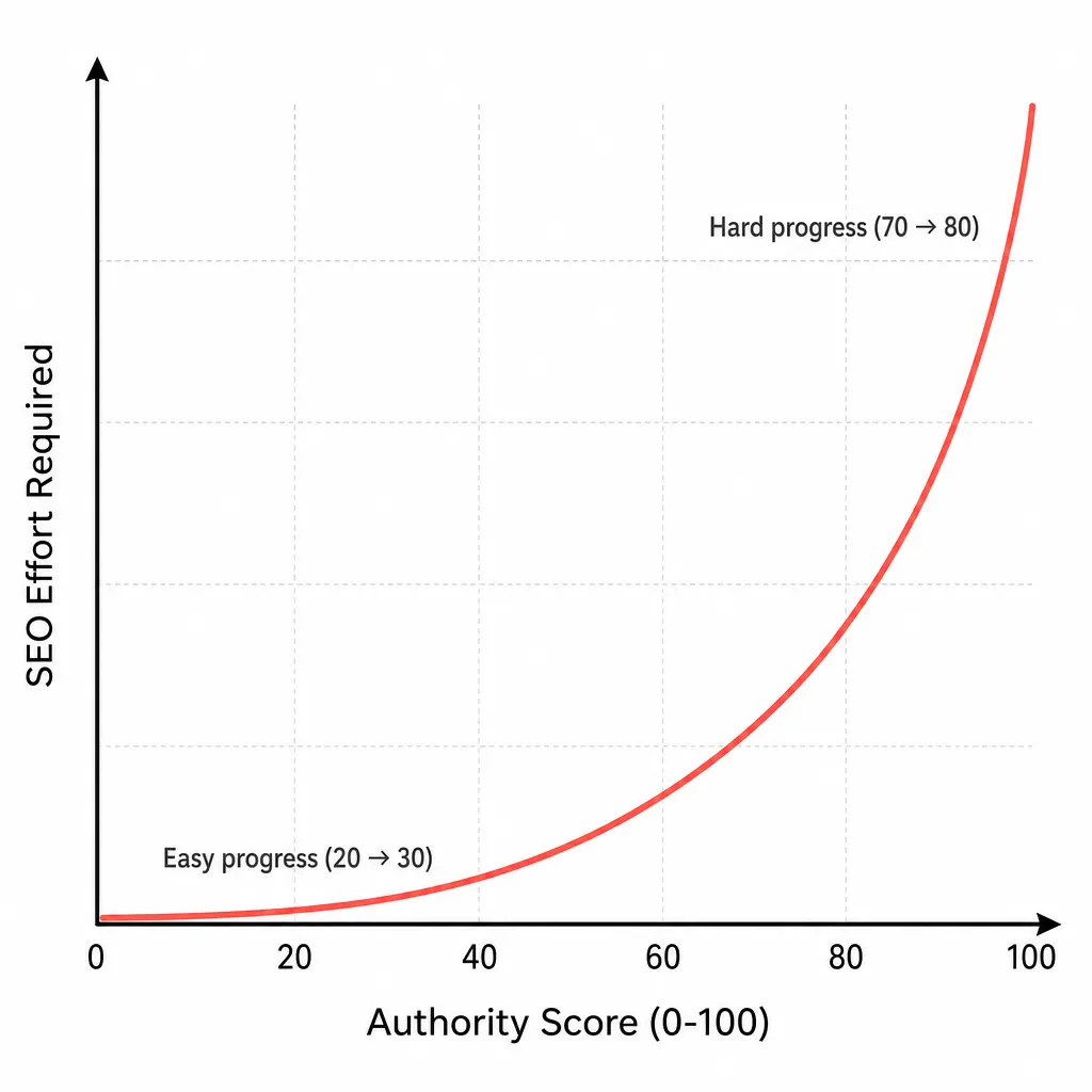 Chart of the logarithmic domain authority scale, showing that the effort needed to raise the score grows exponentially.