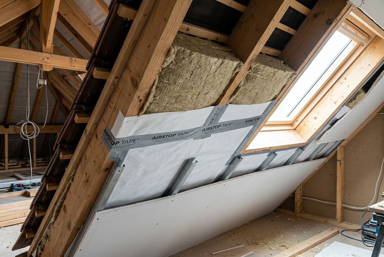 Pare-vapeur toiture en cours d’installation dans des combles, fixations et isolation visibles sous la charpente.