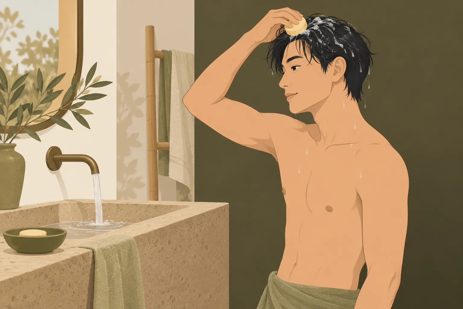 Homme torse nu dans une salle de bains, se lavant les cheveux avec un shampoing solide qui mousse sur le cuir chevelu.