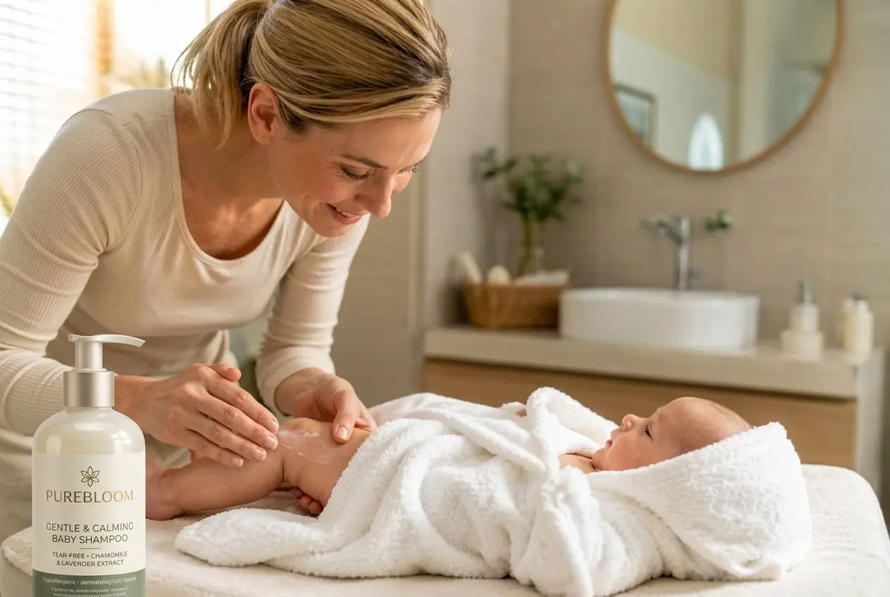 Maman appliquant un soin doux sur le bébé enveloppé dans une serviette, près d’un flacon de shampoing hypoallergénique enfant.