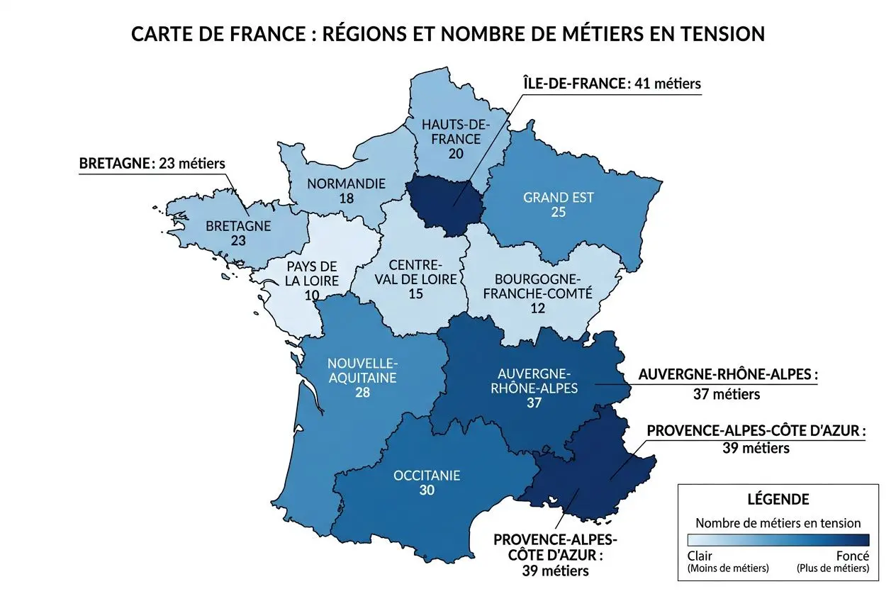 Carte de France montrant les régions et le nombre de métiers en tension, avec des nuances de bleu selon l’intensité (ex. Auvergne-Rhône-Alpes 37 métiers).