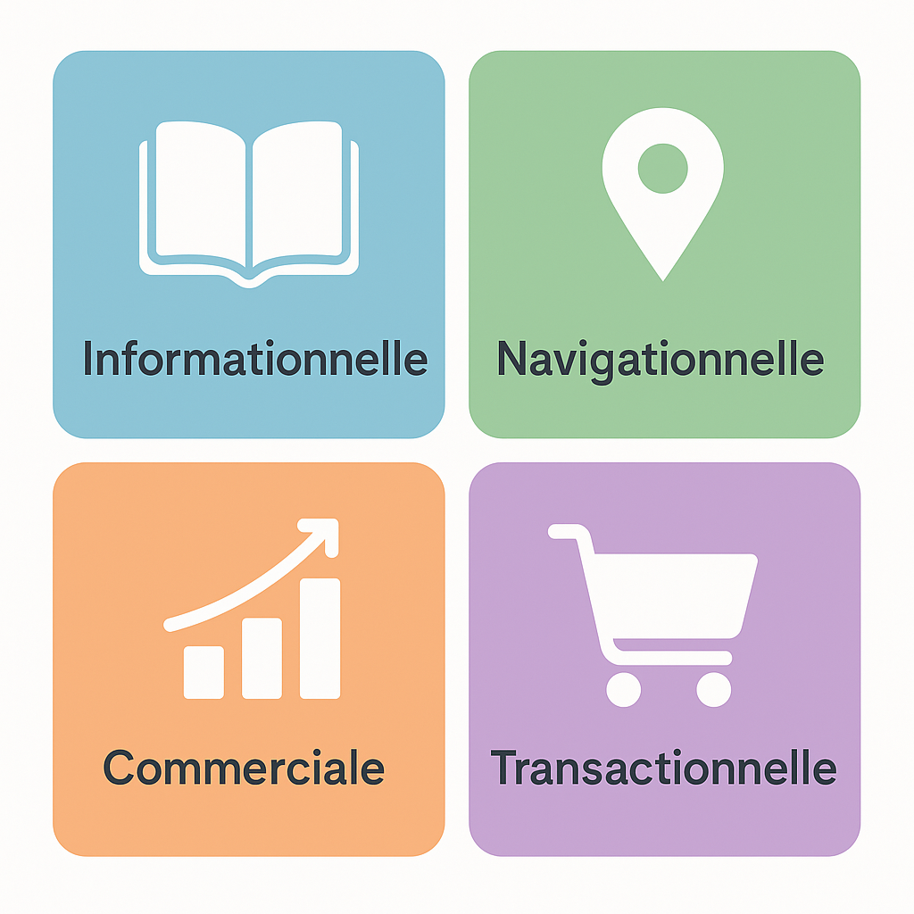 Infographie des 4 types d'intention de recherche seo : Informationnelle (livre), Navigationnelle (punaise de carte), Commerciale (graphique), et Transactionnelle (caddie).