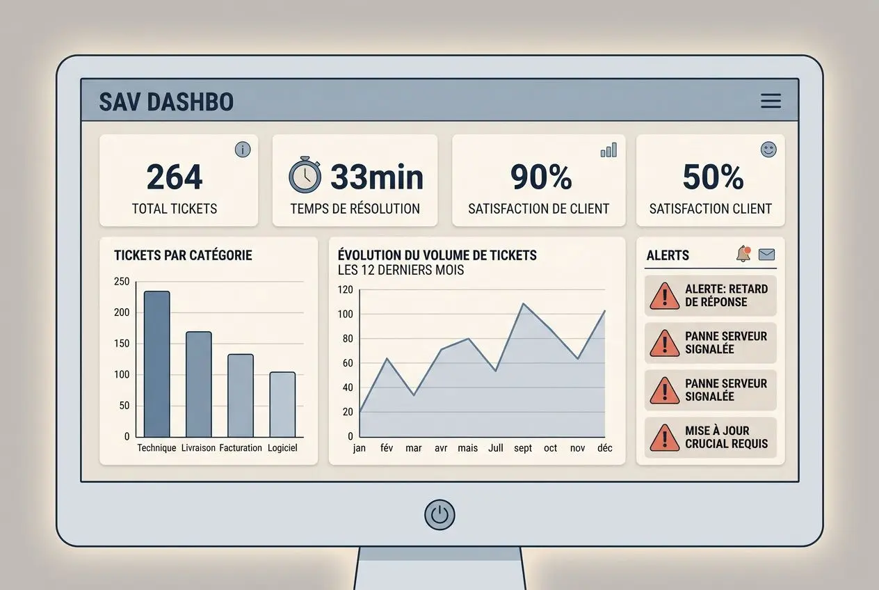 Tableau de bord SAV sur écran, chiffres et graphiques: tickets, temps de résolution, satisfaction client, alertes et évolution du volume. intégration gestion sav excel.