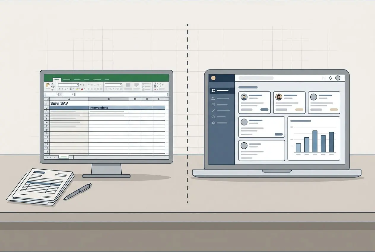 Deux écrans séparés par une cloison: left, une feuille Excel affichant un suivi SAV avec colonnes et lignes; right, une interface de tableau de bord moderne.