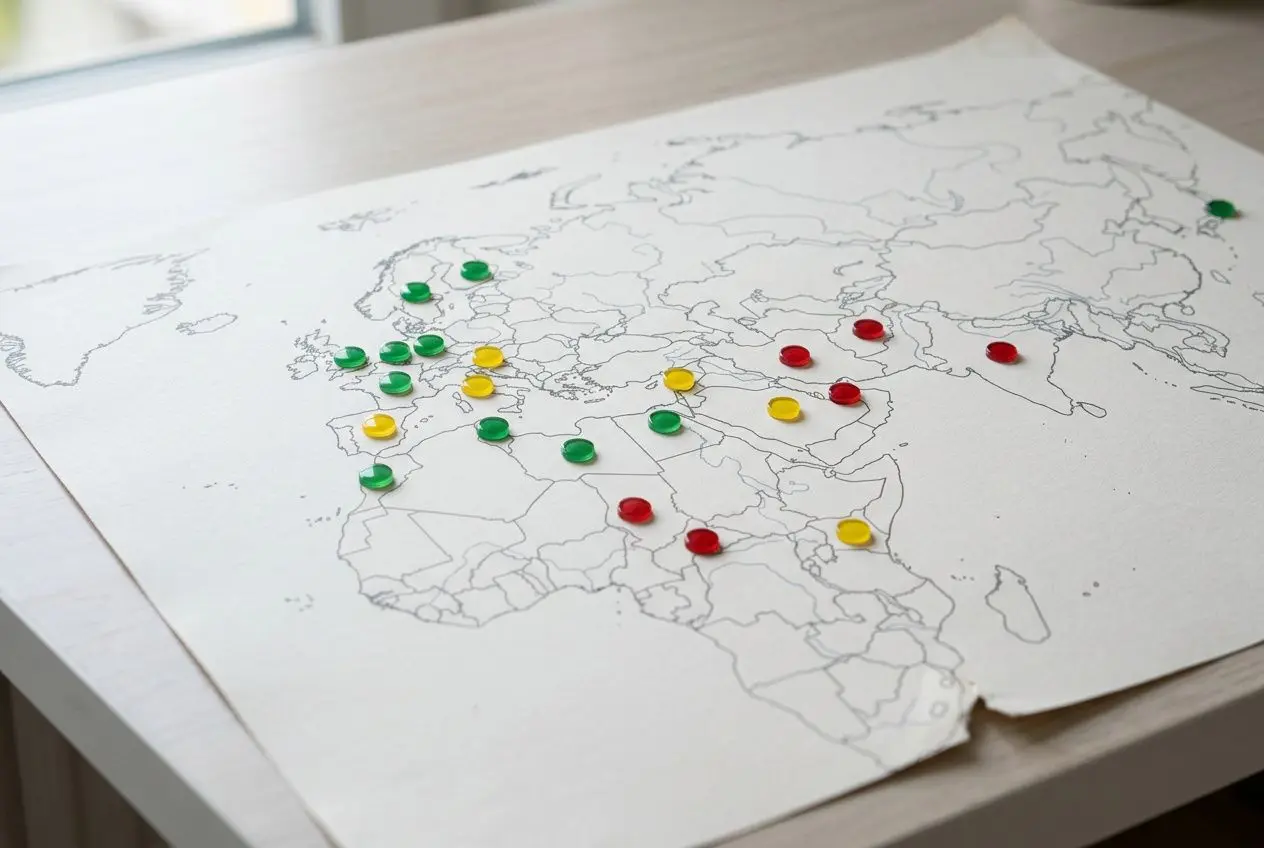 Carte du monde avec des épingles colorées (rouges, jaunes, vertes) indiquant des emplacements internationaux. Suivi positionnement international multi-pays.