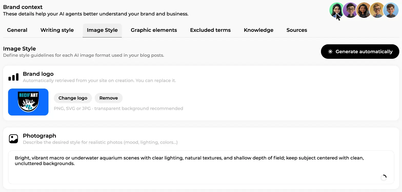 Image Style tab with the brand logo card, Change logo and Remove buttons, and the Photograph style guideline