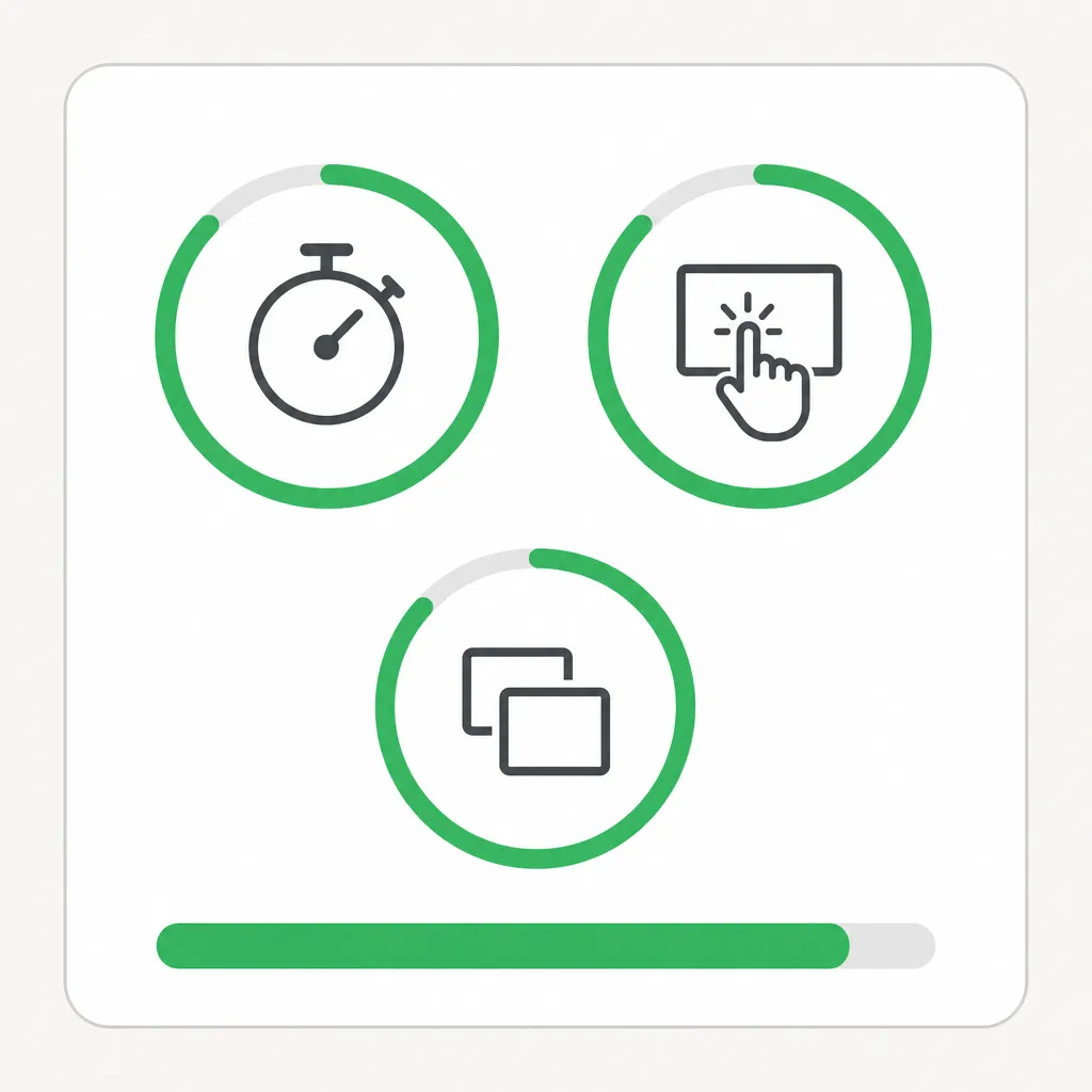 Carte stylisée d'un rapport de performance web : trois jauges vertes pour le chargement, la réactivité et la stabilité visuelle.