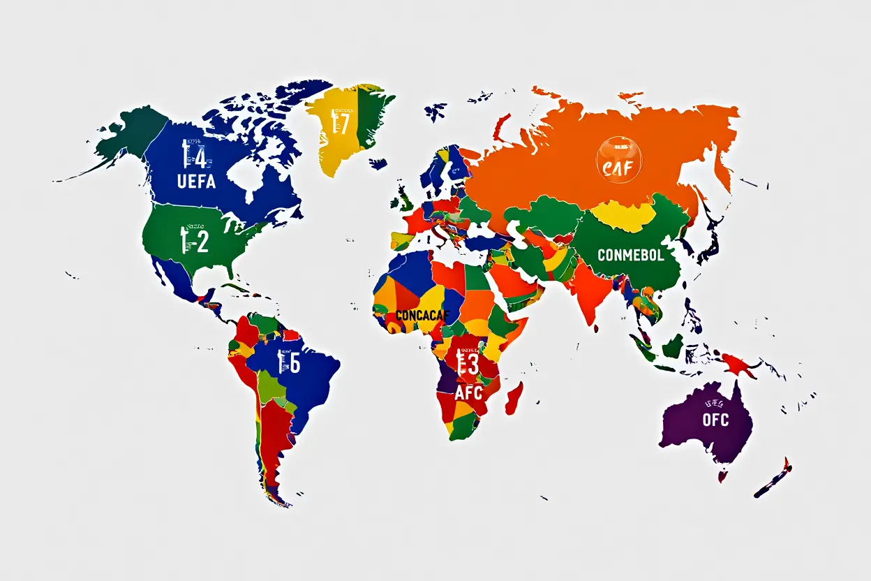 Carte du monde colorée indiquant les confédérations de football et les pays qualifiés, avec chiffres stylisés sur chaque continent. equipes qualifiées coupe du monde 2026.