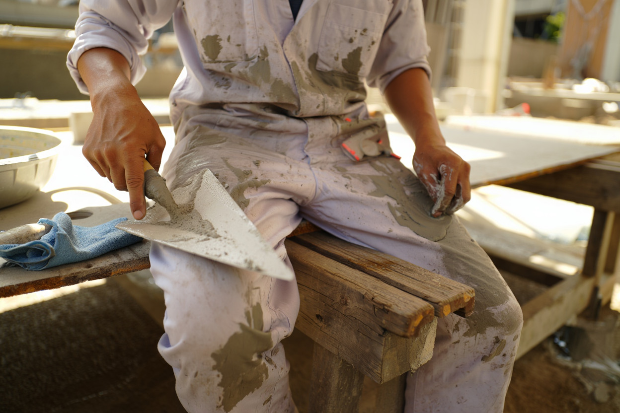 Retrait du ciment frais sur salopette de maçon
