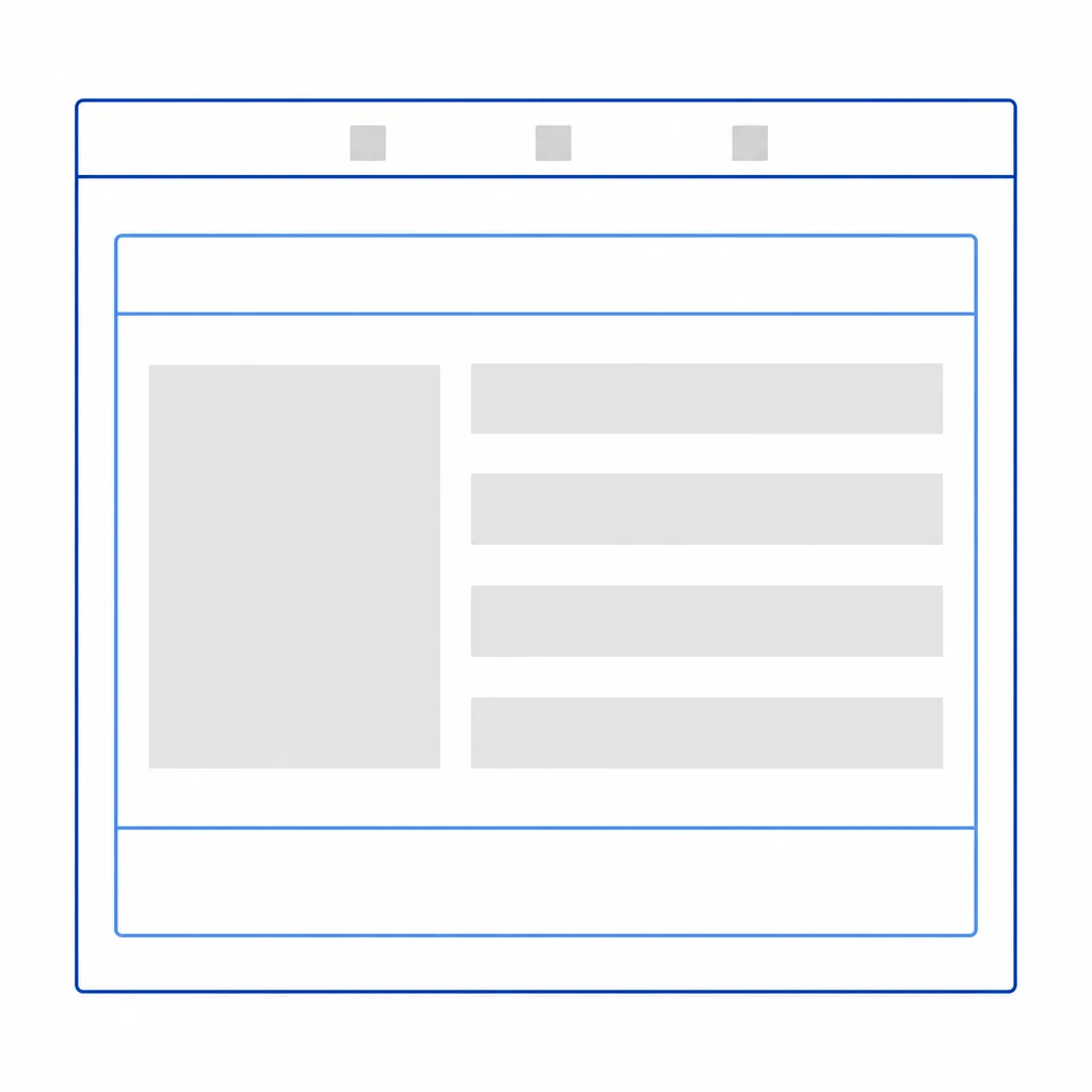 Wireframe des blocs imbriqués d'une page HTML : cadre du document, bande de métadonnées, en-tête, zone de contenu et pied de page.