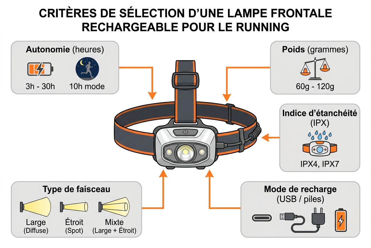 Critères de sélection d’une lampe frontale rechargeable pour le running, montrant autonomie, poids, IPX, mode de recharge et type de faisceau.