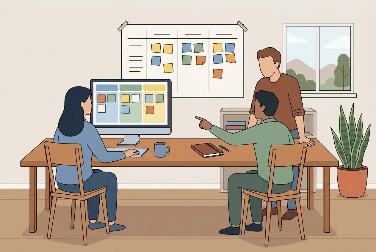 Trois personnes autour d’une table de travail en équipe, écran et tableau blanc avec Post-it, en train d’organiser un projet. <comment organiser projets équipe réduite>