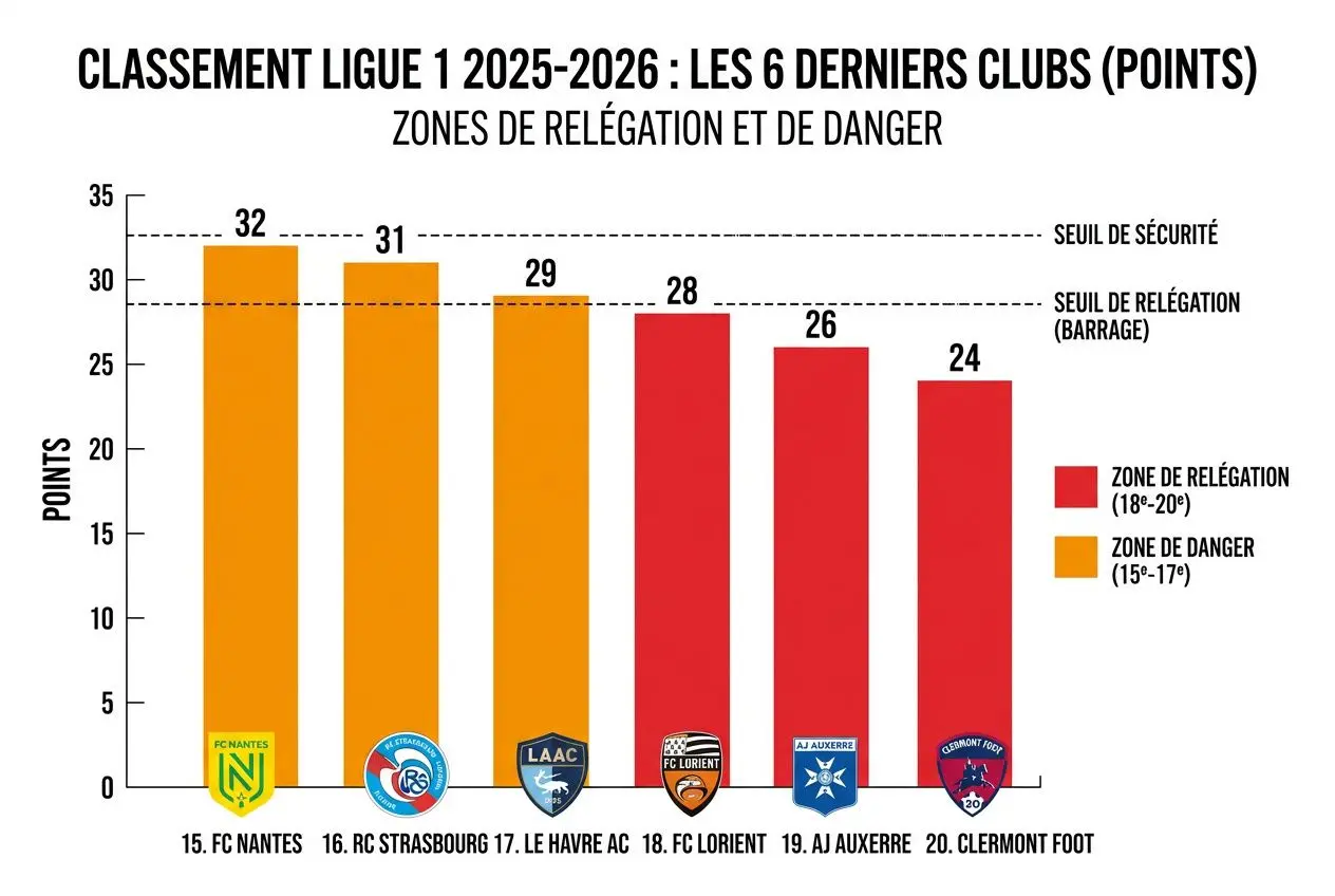 Classement Ligue 1 2025-2026 : barres orange et rouge montrant les zones de relégation et de danger. Pronostic Ligue 1 : analyses football, favoris et tendances 2026