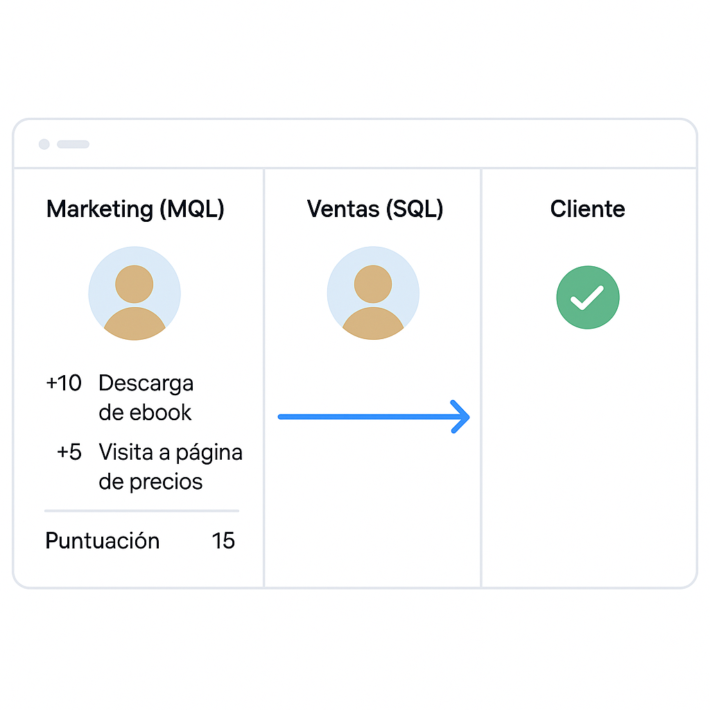 Diagrama del proceso de lead scoring automatizado en un CRM, mostrando cómo un lead cualificado por marketing (MQL) pasa a ser un lead para ventas (SQL) al alcanzar una puntuación basada en sus interacciones.