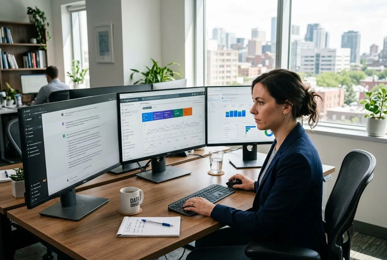 Professional monitoring AI search visibility on multiple screens