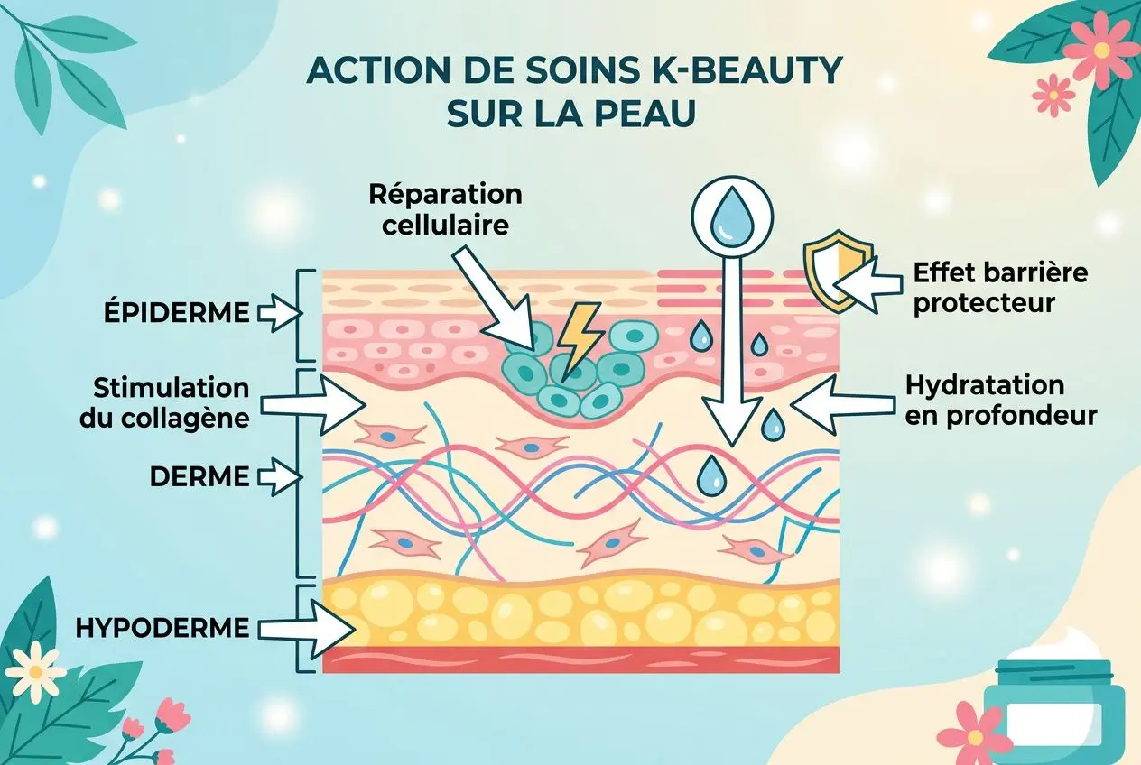 Schéma explicatif en K-Beauty montrant la mucine d'escargot réparant la peau: couches épidermes, derme, hypoderme, hydratation et protection renforcée.