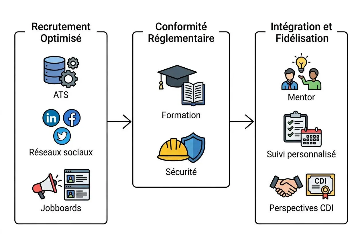 Processus de recrutement optimisé vers la conformité et l’intégration: ATS, réseaux sociaux et jobboards; formation et sécurité; mentorat, suivi personnalisé et perspectives CDI. Intègre: comment trouver intérimaires qualifiés.