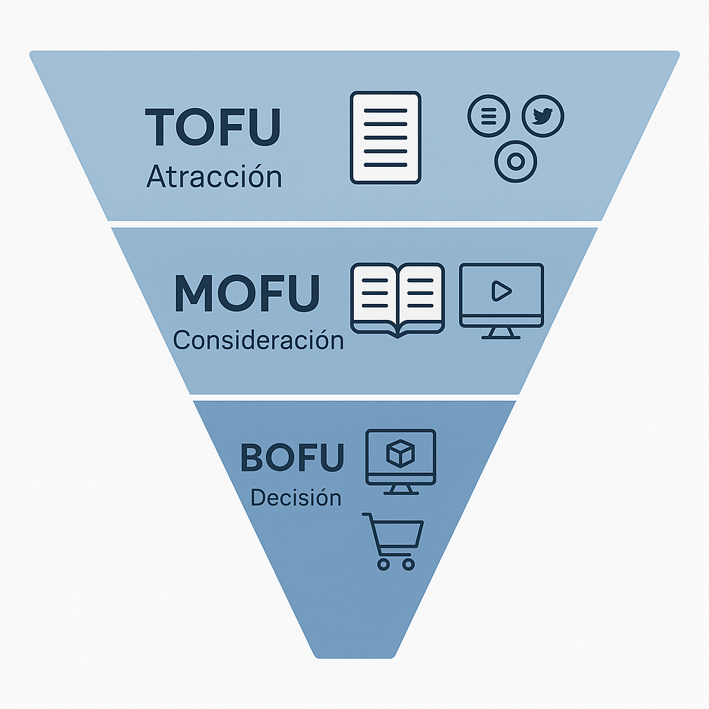 Esquema del embudo de conversión inbound marketing con sus tres fases: TOFU para la atracción, MOFU para la consideración y BOFU para la decisión, mostrando ejemplos de contenido en cada etapa.