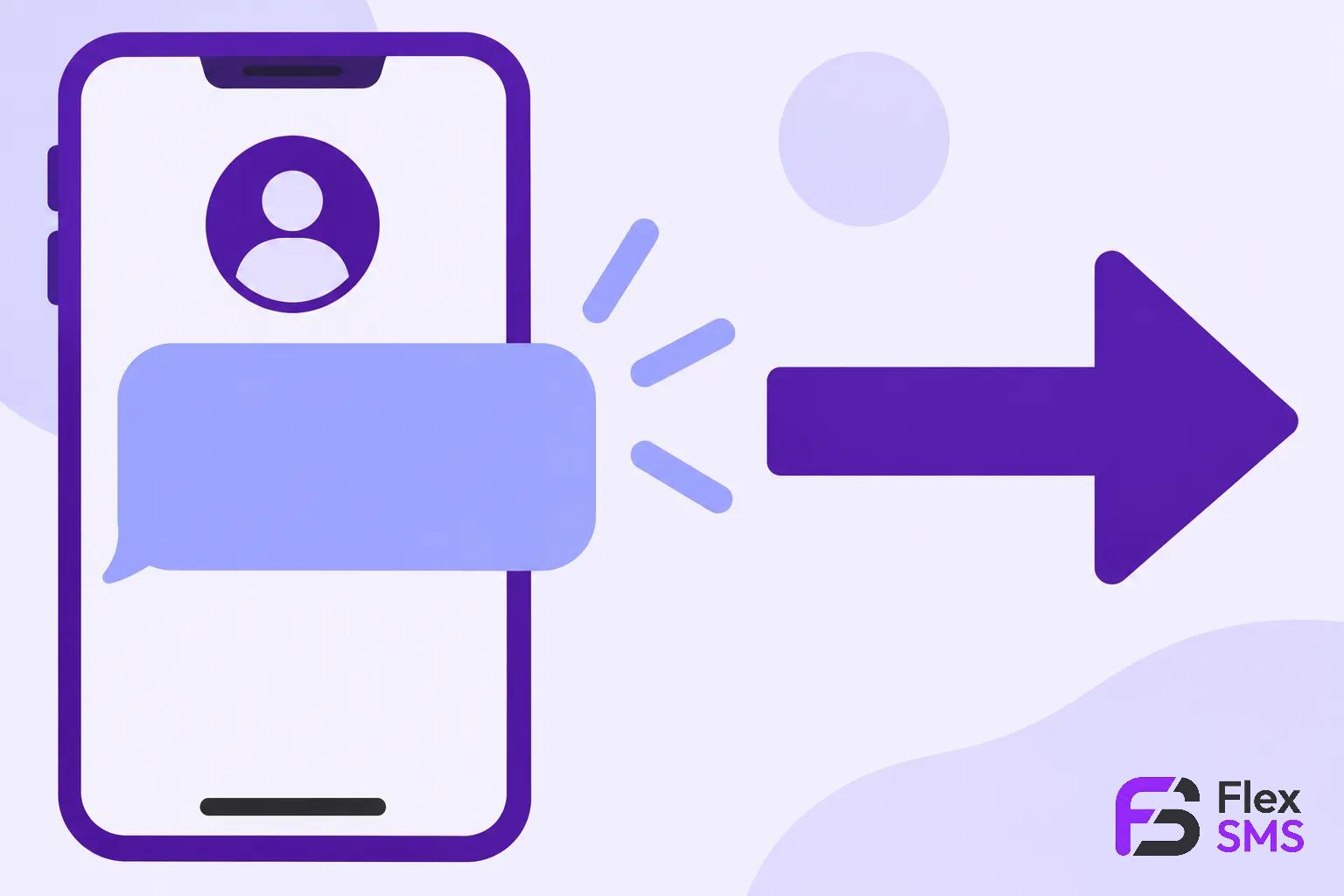 Un smartphone affichant une icône d’utilisateur et une bulle de discussion, avec une flèche violette indiquant l’envoi.