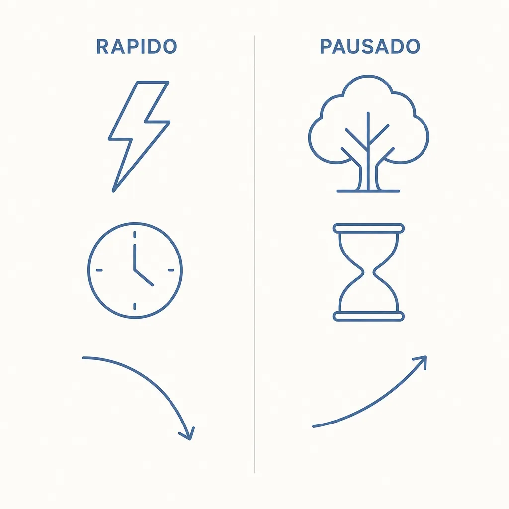 Comparaison en deux colonnes : contenu rapide, éclair, horloge et courbe descendante ; contenu lent, arbre, sablier et courbe montante.