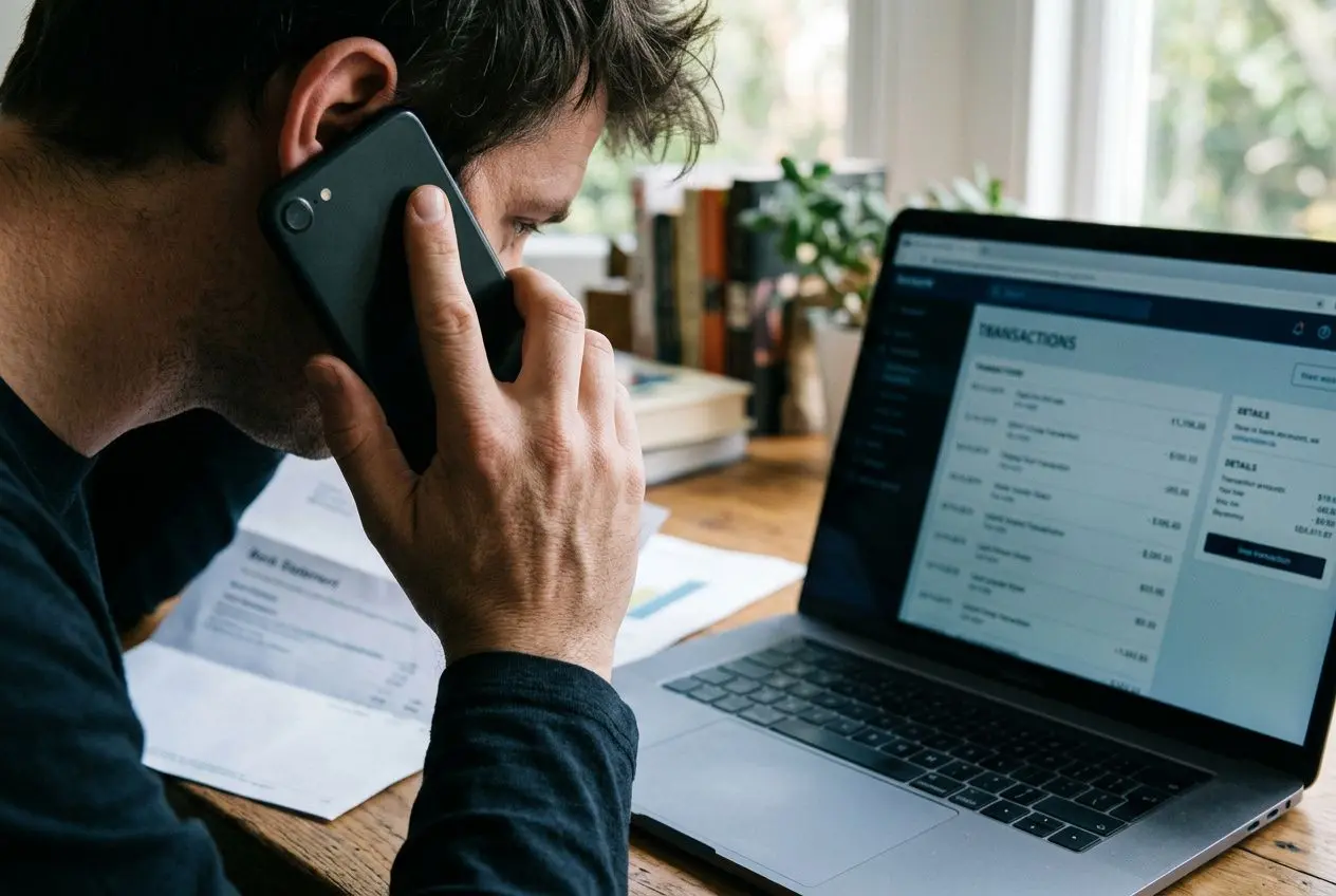 Homme au téléphone devant un ordinateur portable affichant des transactions, signe d’une situation liée à une victime d’escroquerie que faire pour porter plainte.
