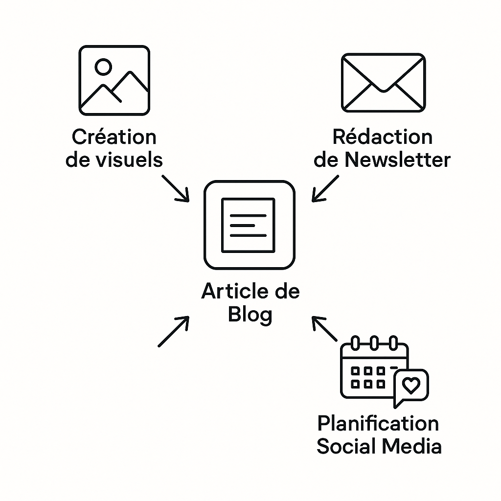 Schéma du processus de promotion de contenu intégré, montrant l'article de blog au centre, connecté simultanément à la création de visuels, la rédaction d'e-mails et la planification pour les réseaux sociaux.