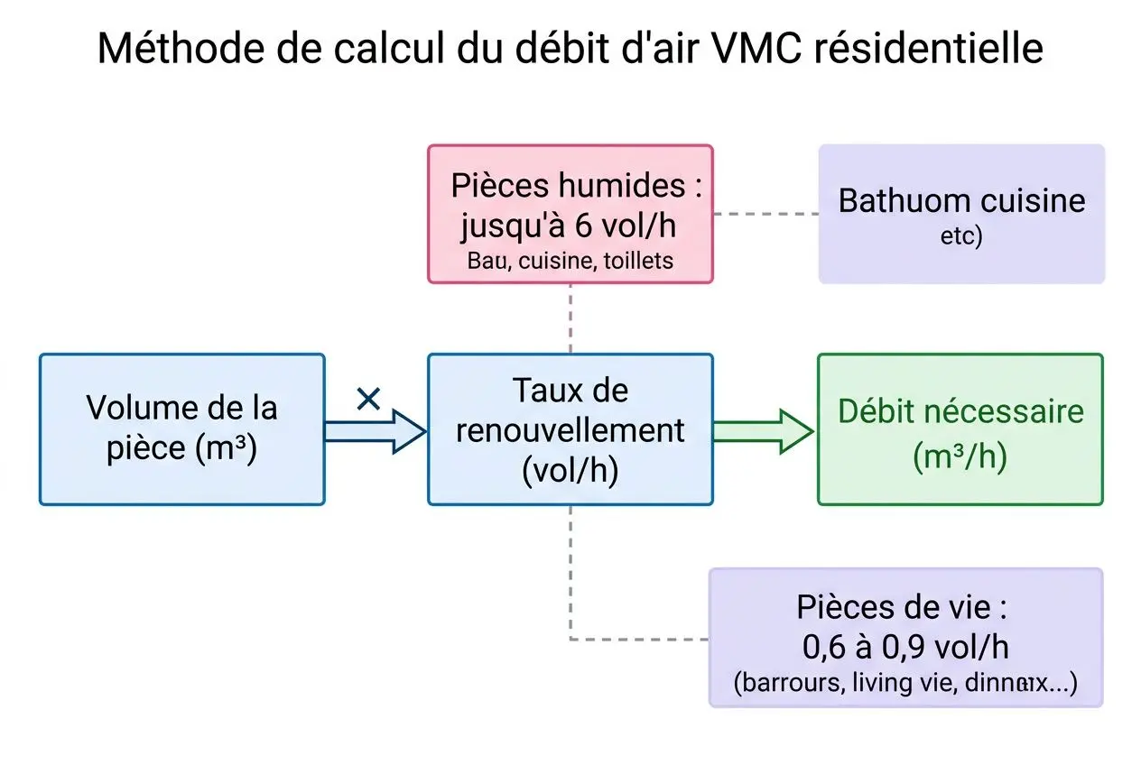 Méthode de calcul du débit d'air VMC résidentielle montrant le volume de la pièce, le taux de renouvellement et le débit nécessaire, lié aux pièces humides et pièces de vie. débit vmc par pièce.